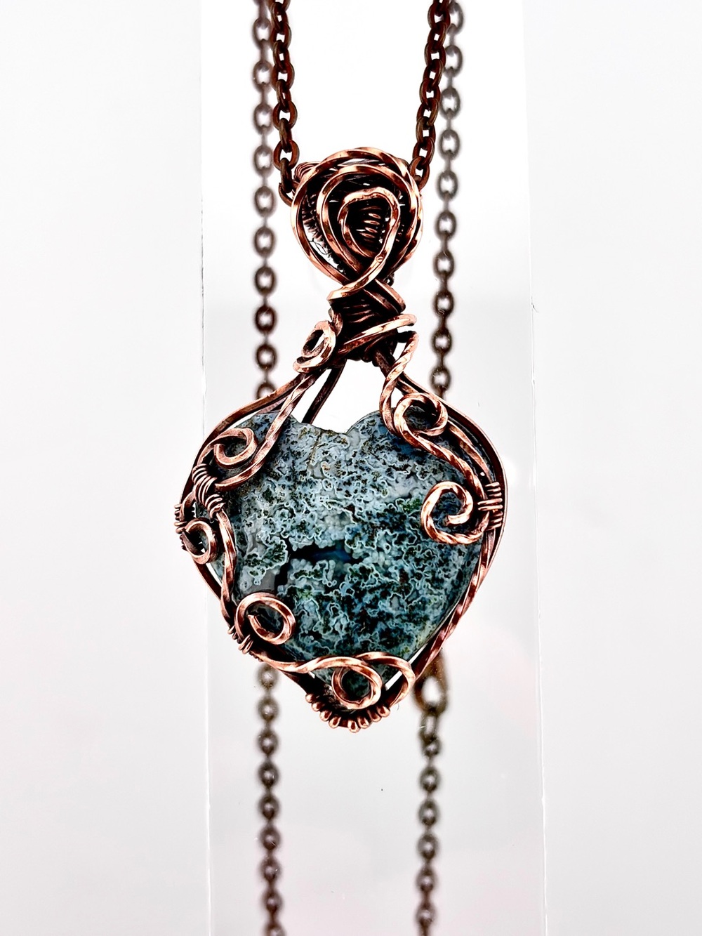 HANDMADE Moss Agate Heart Wire Wrapped Copper Pendant Neckkace